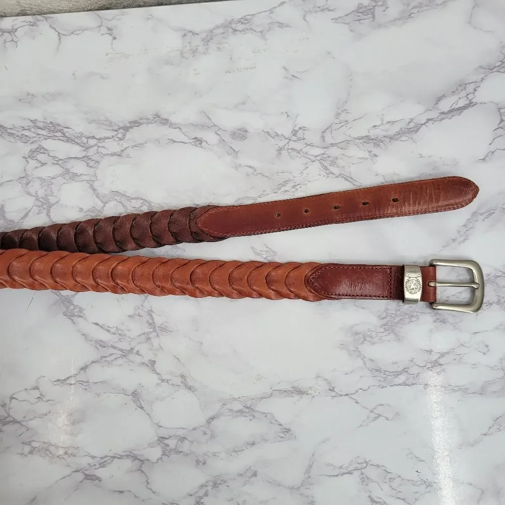 Vintage Brown Leather Link or Braided Belt Silver Toned Buckle